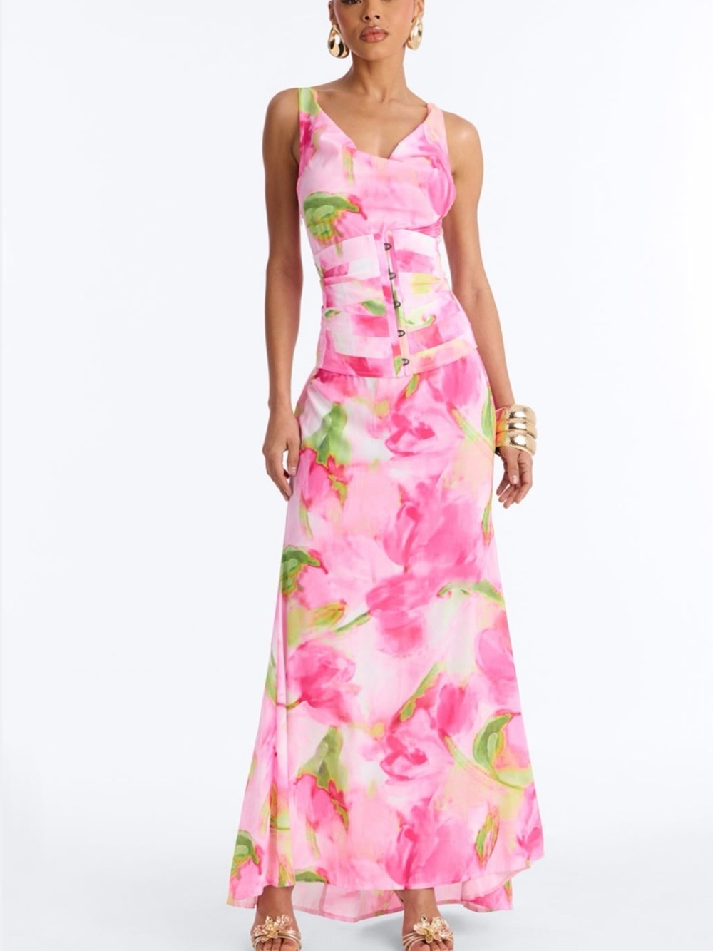 Pink Floral Maxi Dress with Green Accents